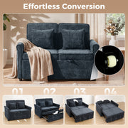 Four step sequence showing the sofa bed converting from sofa to bed on its wheels