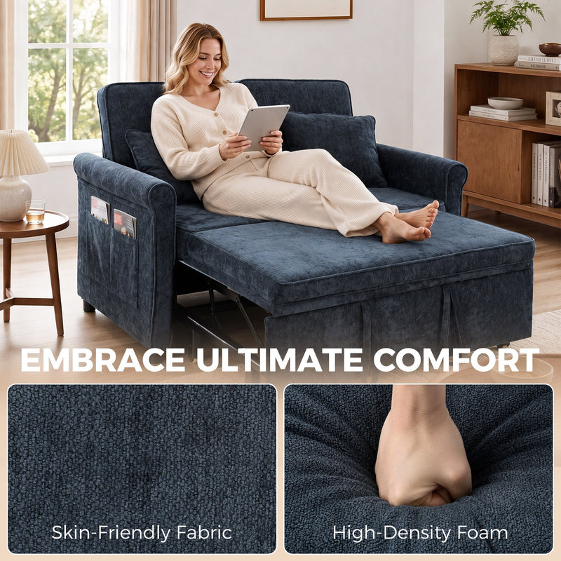 Comfort panel showing the skin-friendly chenille surface and a hand pressing the high-density foam