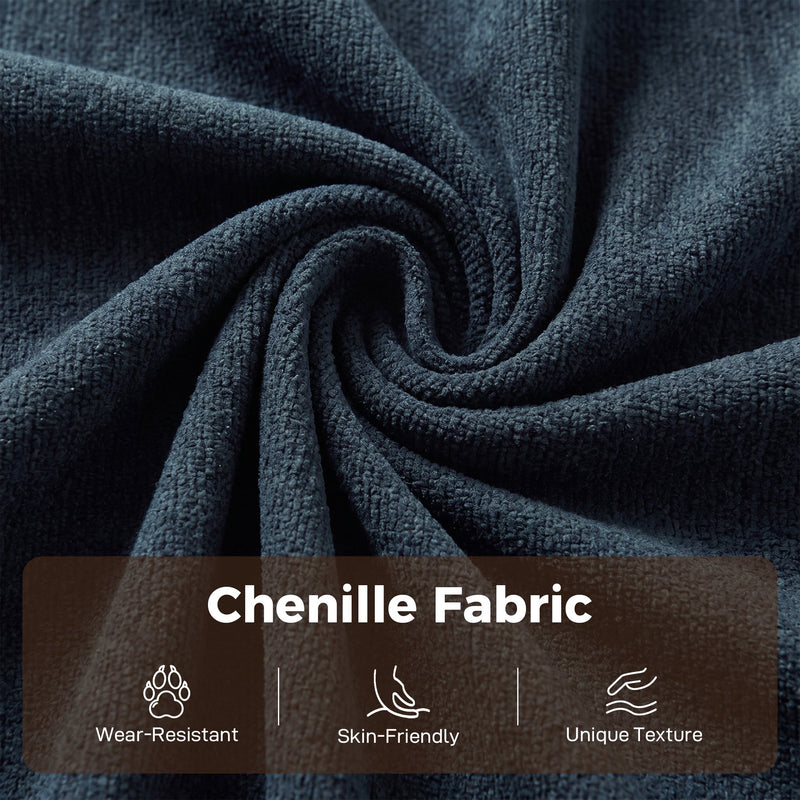 Close-up of the dark blue chenille fabric marked wear-resistant, skin-friendly and unique texture