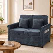 Dark blue chenille sofa bed closed in sofa mode with pillows and a side storage pocket