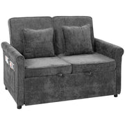 Chenille sofa bed in sofa mode with two cushions, rolled arms and a side pocket, studio shot