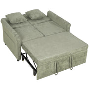 Sofa bed opened out on its metal pull-out frame with two pillows resting on the backrest, studio shot