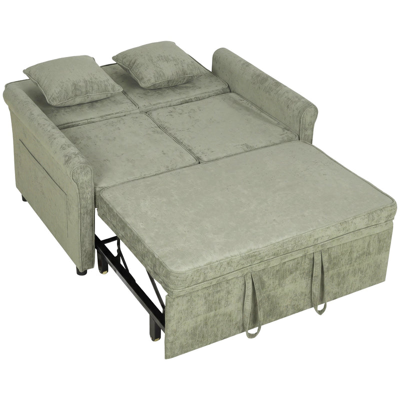 Sofa bed opened out on its metal pull-out frame with two pillows resting on the backrest, studio shot