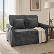 Sofa bed in sofa mode in a sunlit living room with a throw over one arm and books in the side pocket