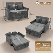 Measurement drawing of the sofa and pulled-out bed with a 240 kg load badge and 2 carton delivery note