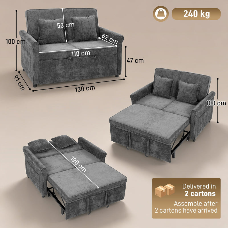 Measurement drawing of the sofa and pulled-out bed with a 240 kg load badge and 2 carton delivery note