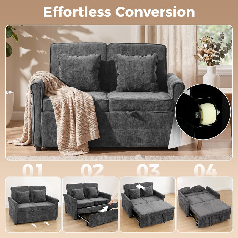 Effortless conversion panel with a wheel close-up and numbered steps from sofa to flat bed