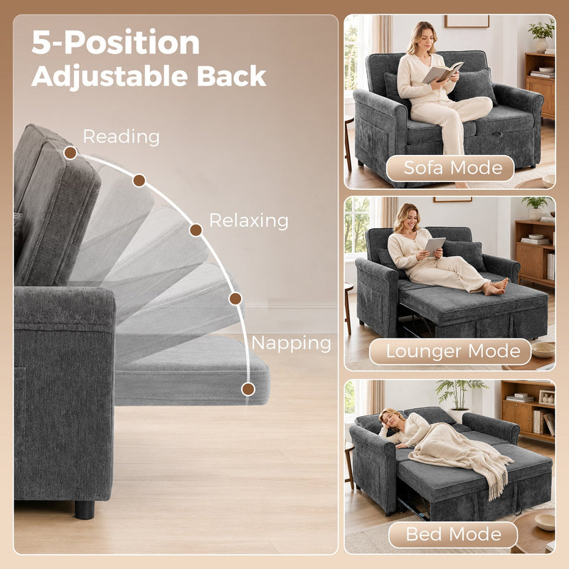 Adjustable back diagram with photos of the sofa, lounger and bed modes in use