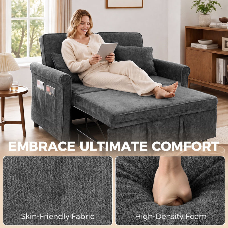 Woman using a tablet on the reclined sofa bed above close-ups of the soft fabric and foam padding