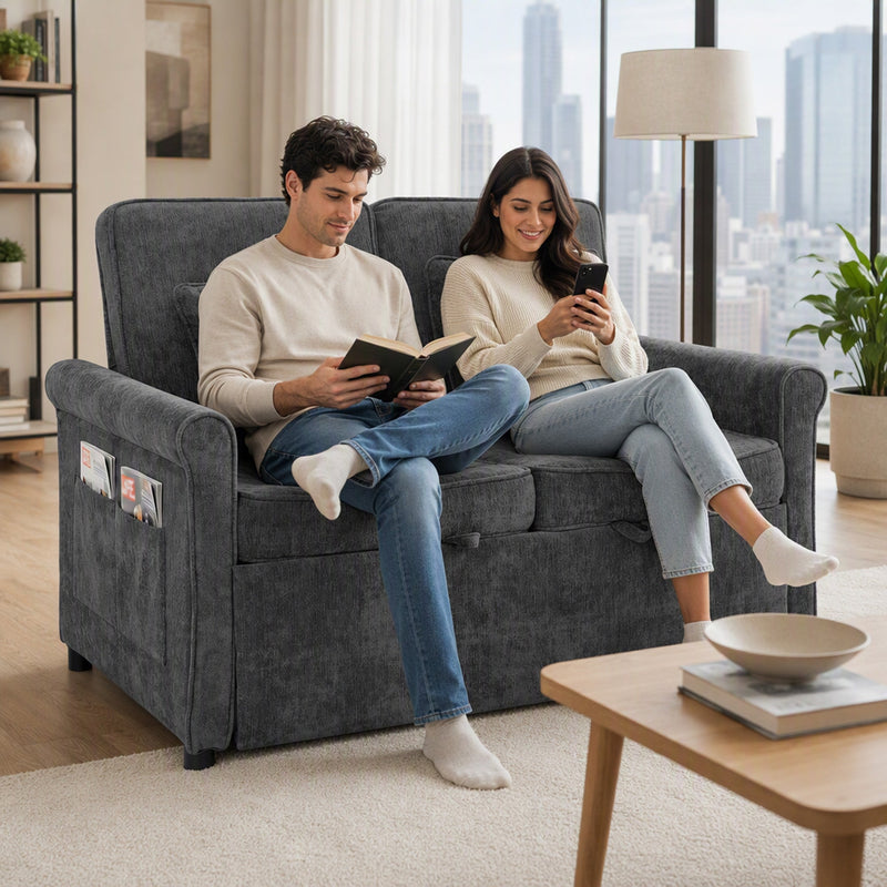 Couple reading side by side on the 2 seater sofa bed in a bright flat with a city view