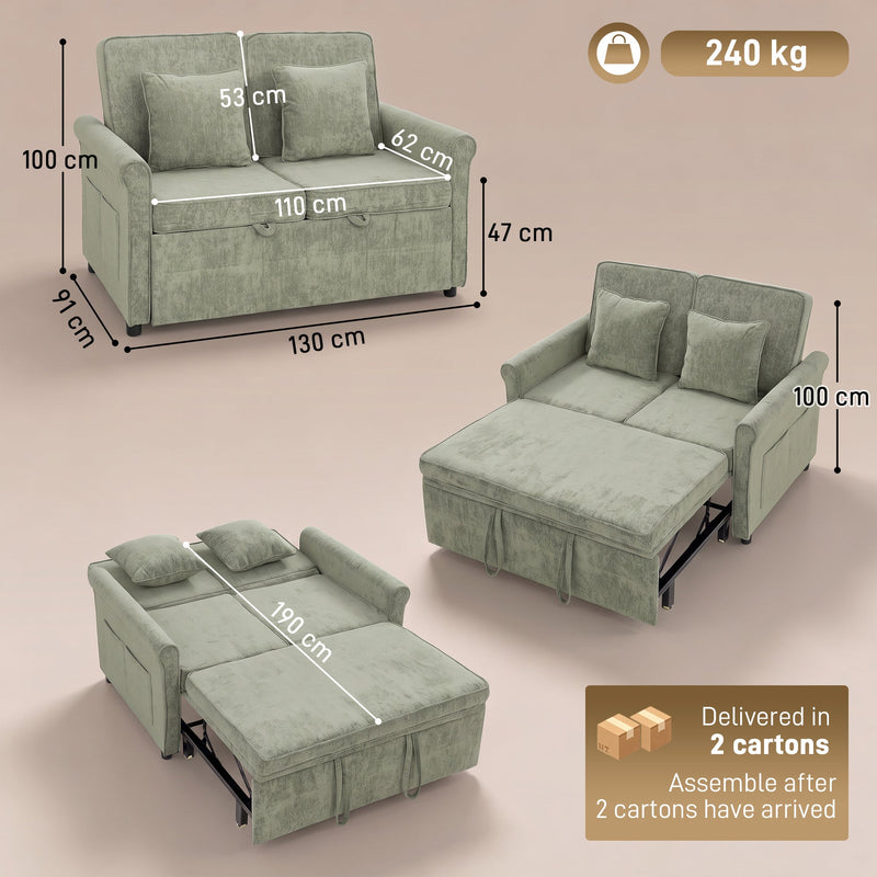 Size chart giving 130 x 91 x 100 cm sofa dimensions, 190 cm bed length and 47 cm seat height