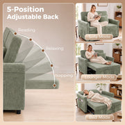 Backrest fan showing reading, relaxing and napping angles next to three mode photos