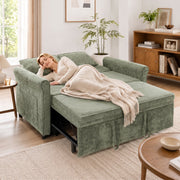 Guest asleep on her side on the flat bed under a throw, bookshelf behind