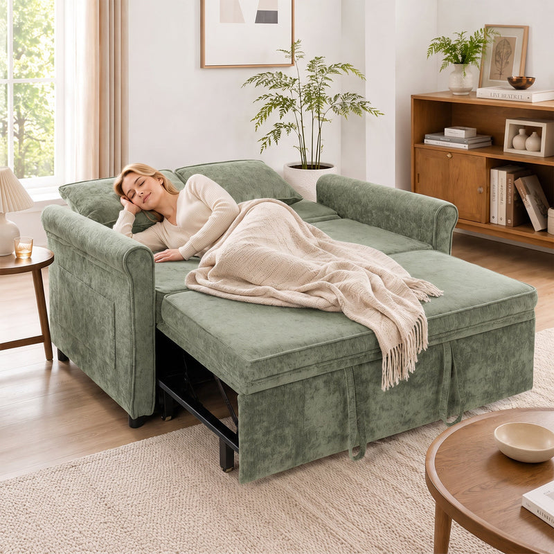 Guest asleep on her side on the flat bed under a throw, bookshelf behind