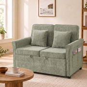 Front view of the closed sofa with two cushions and items tucked in the arm pocket