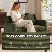 Woman sitting on the loveseat sofa using a tablet