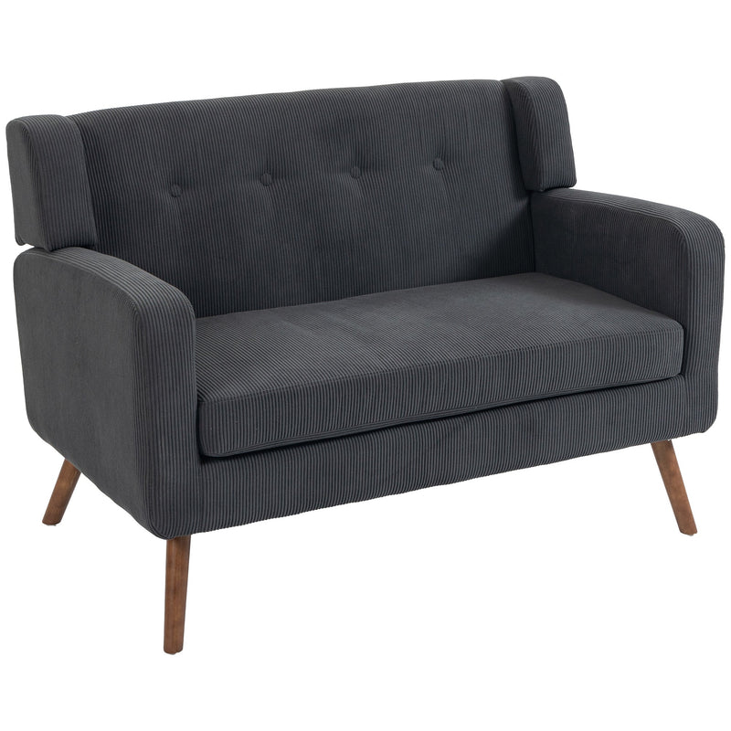 Homcom dark grey corduroy 2 seater loveseat with walnut-effect wooden legs on a white background