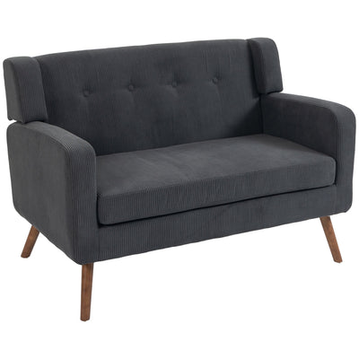 Homcom dark grey corduroy 2 seater loveseat with walnut-effect wooden legs on a white background