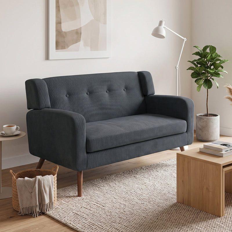 Dark grey corduroy loveseat styled in a living room with a side table and floor lamp