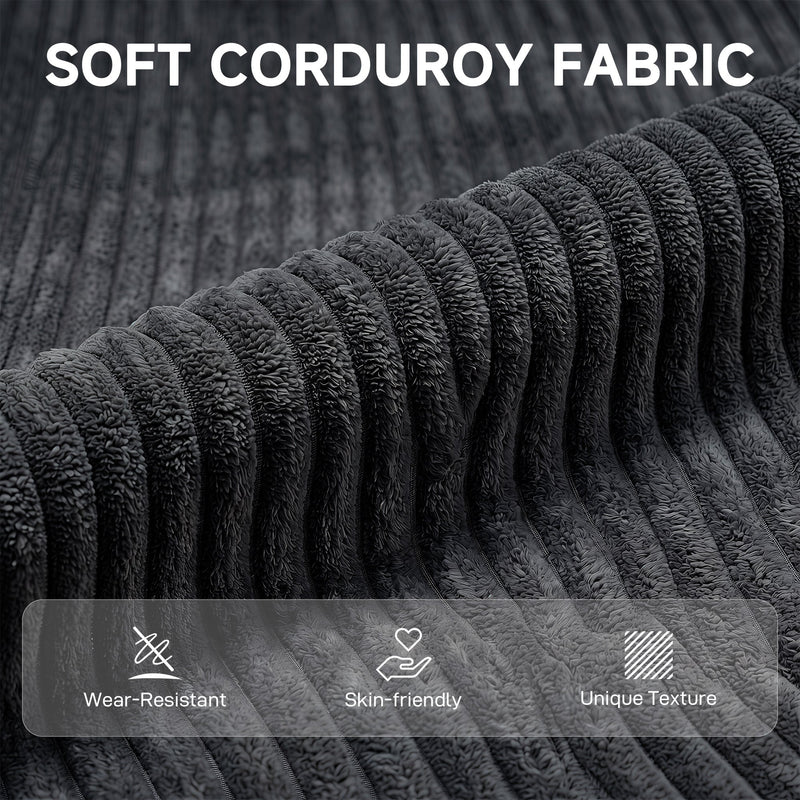 Close-up of the ribbed corduroy fabric marked wear-resistant, skin-friendly and unique texture
