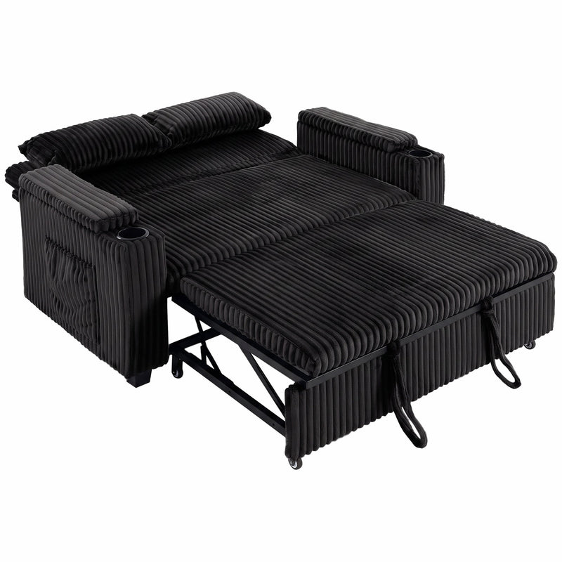 Homcom 2 seater corduroy sofa bed in black, pulled out to show the bed section
