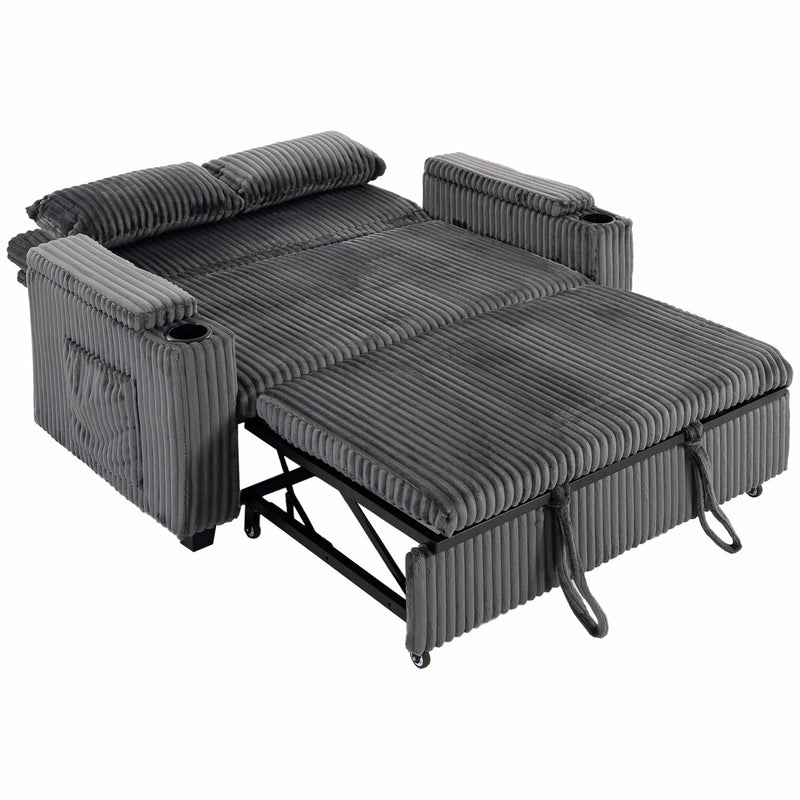 Homcom 2 seater corduroy sofa bed in dark grey, pulled out to show the bed section