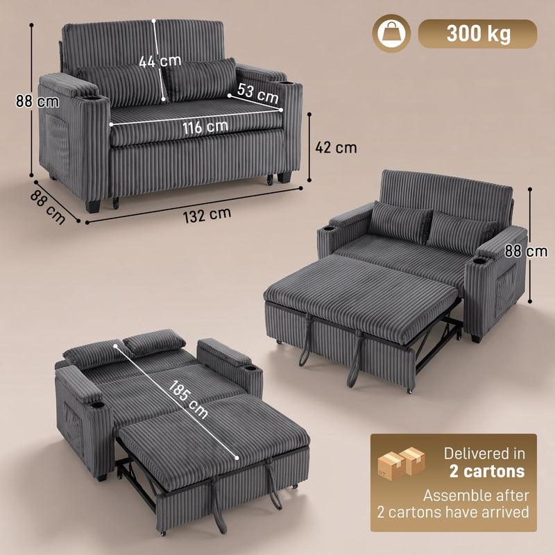 Dimensions diagram of the dark grey sofa bed showing sofa, bed and seat measurements and 300kg capacity