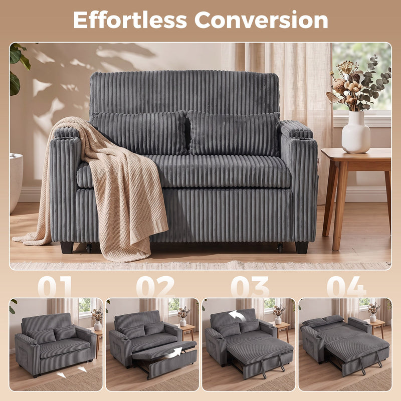 Four step sequence showing the dark grey sofa converting from sofa to pulled out bed