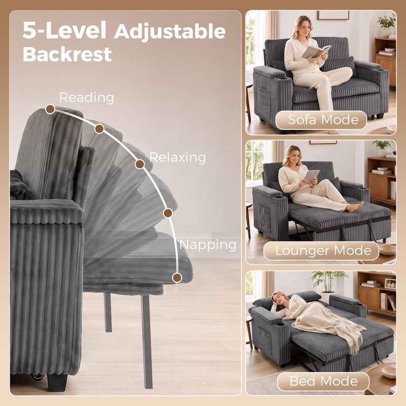 Infographic showing the 5-level adjustable backrest in sofa, lounger and bed modes