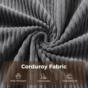 Close-up of the dark grey corduroy fabric texture, wear-resistant and comfortable