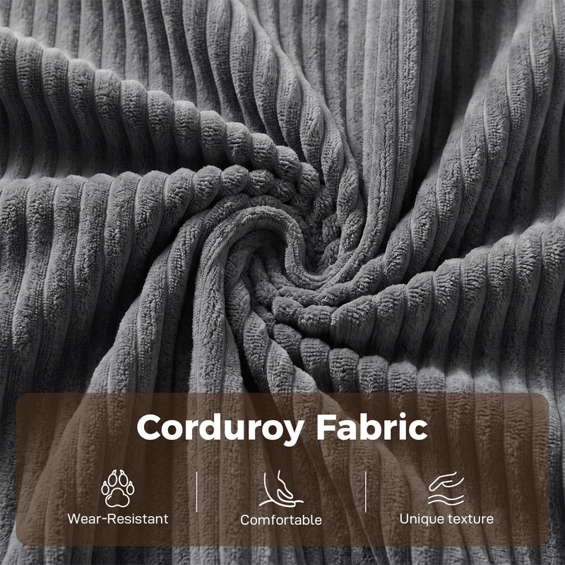 Close-up of the dark grey corduroy fabric texture, wear-resistant and comfortable