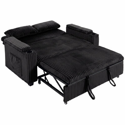 Homcom 2 seater corduroy sofa bed in black, pulled out to show the bed section