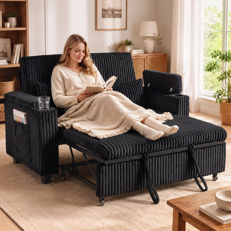 Woman relaxing on the black sofa bed with a throw blanket and cup holder in use