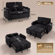 Dimensions diagram of the black sofa bed showing sofa, bed and seat measurements and 300kg capacity