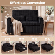 Four step sequence showing the black sofa converting from sofa to pulled out bed