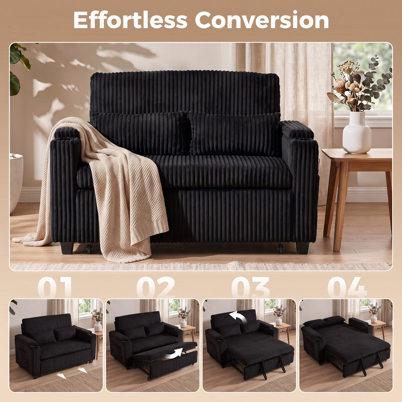 Four step sequence showing the black sofa converting from sofa to pulled out bed