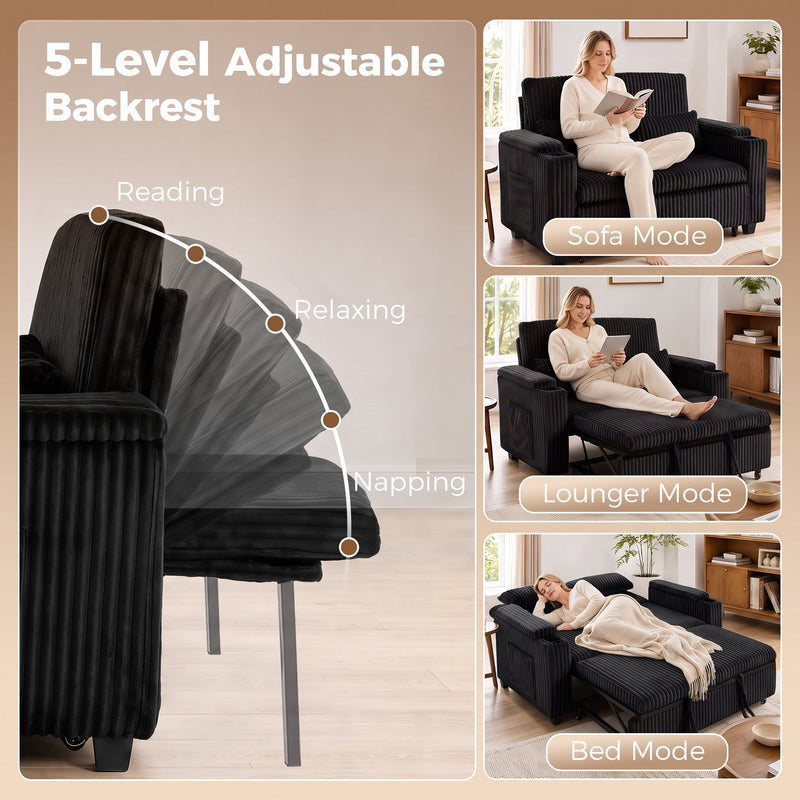 Infographic showing the 5-level adjustable backrest in sofa, lounger and bed modes