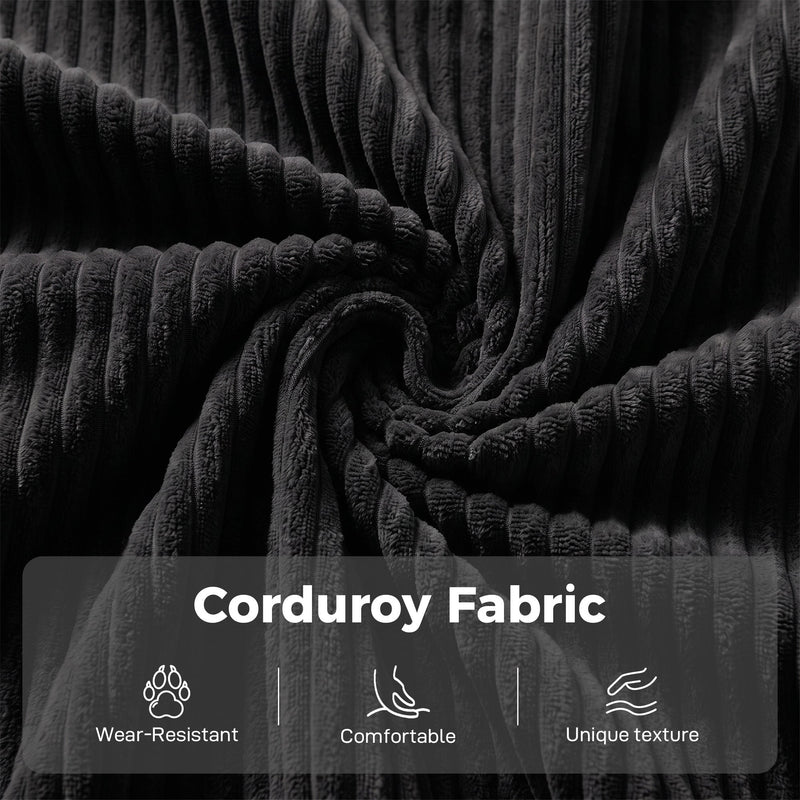 Close-up of the black corduroy fabric texture, wear-resistant and comfortable