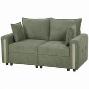 Angled studio shot of the storage loveseat with contrast arm trim and scatter cushions