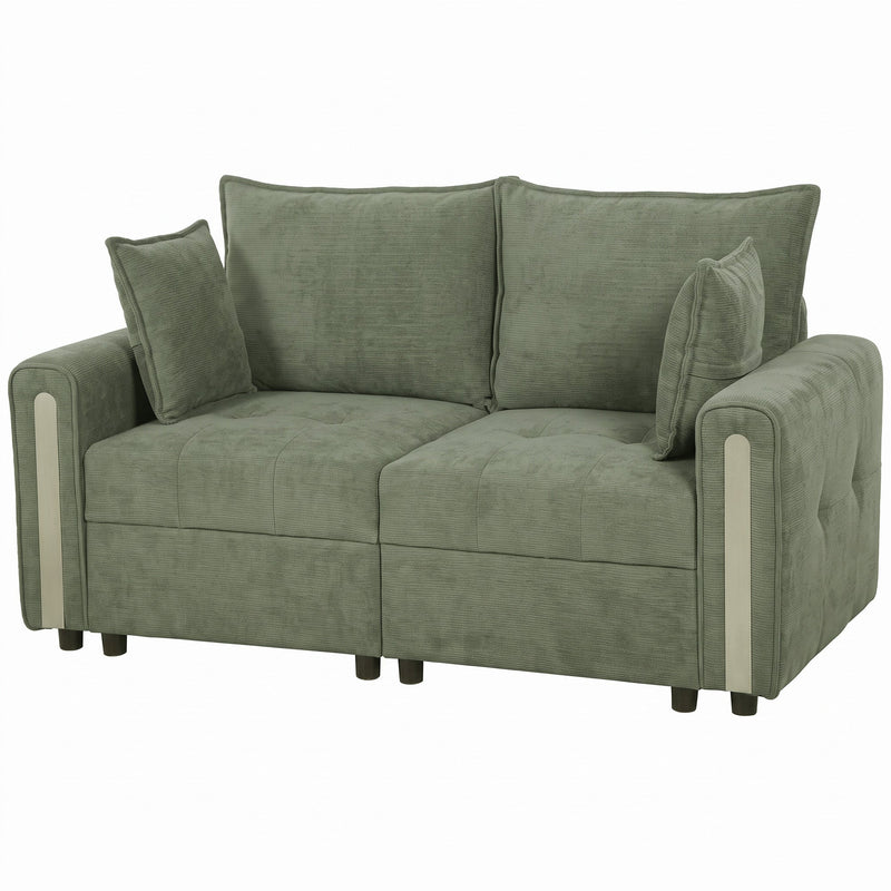 Angled studio shot of the storage loveseat with contrast arm trim and scatter cushions