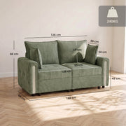 Loveseat measurements on a wooden floor: 168 cm long, 126 cm seat, 88 cm high, rated to 240 kg
