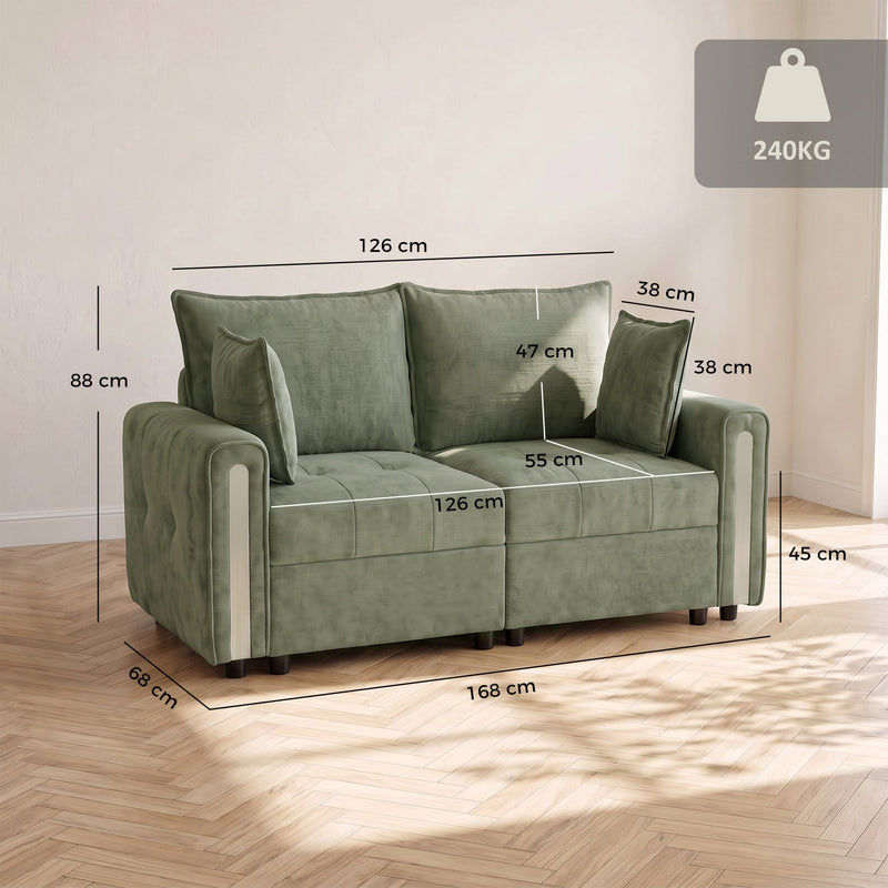 Loveseat measurements on a wooden floor: 168 cm long, 126 cm seat, 88 cm high, rated to 240 kg