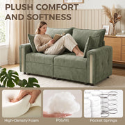 Plush comfort graphic with a woman relaxing on the sofa and its foam, polyfill and spring layers