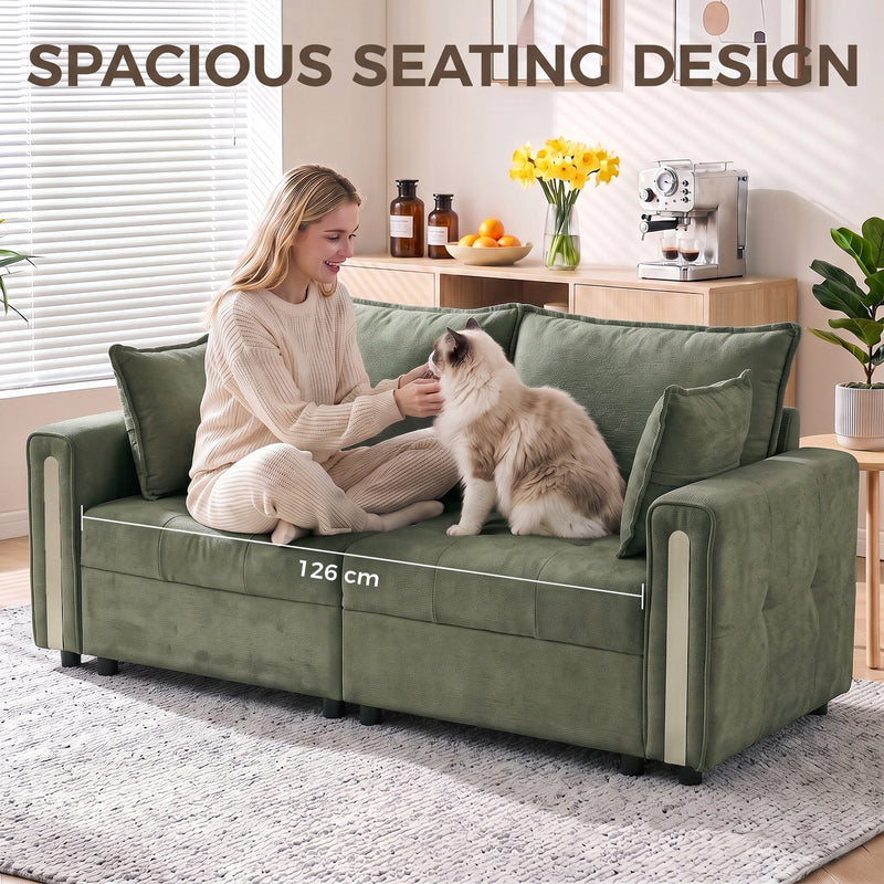 Seat width graphic with a woman and her cat relaxing on the 2 seater