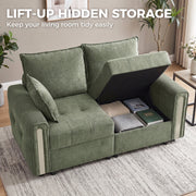 Hidden storage graphic with a seat lifted to show blankets and books stored underneath