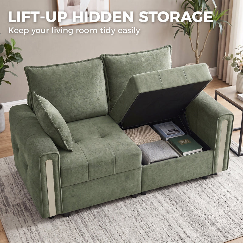 Hidden storage graphic with a seat lifted to show blankets and books stored underneath