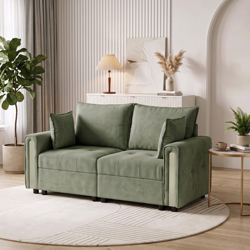 2 seater sofa in a living room with a round rug and a small side table