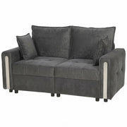 Studio shot of the 2 seater storage sofa with contrast arm panels and two scatter cushions