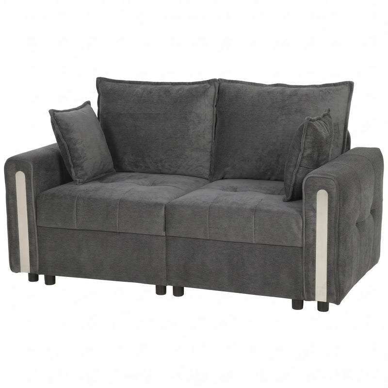 Studio shot of the 2 seater storage sofa with contrast arm panels and two scatter cushions