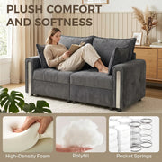 Plush comfort graphic with a woman reading on the loveseat and its foam, polyfill and pocket spring layers